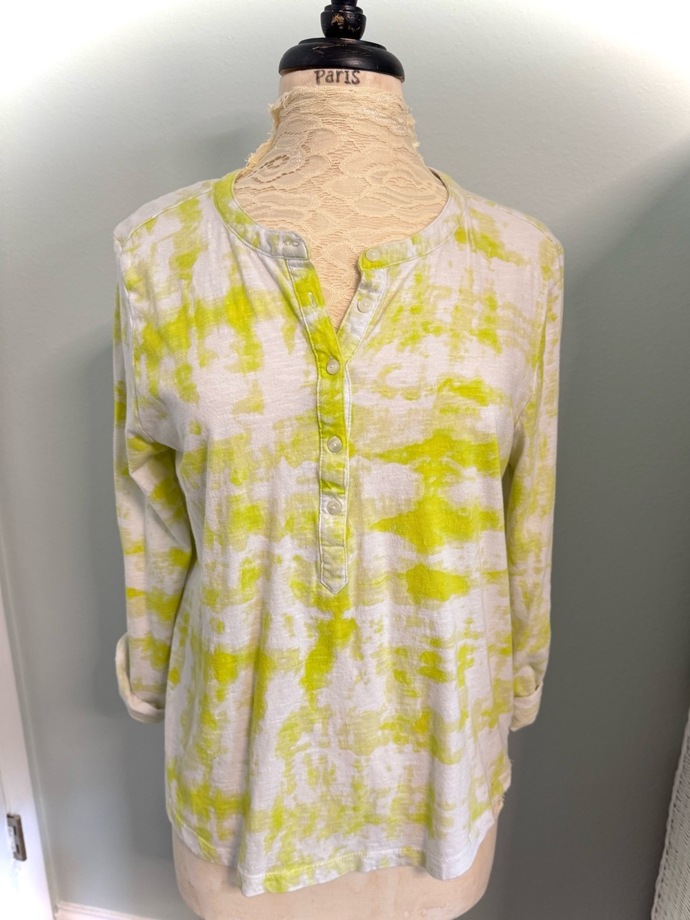 Style & Co. White and Lime Tie-Dye Henley Long Sleeve Top